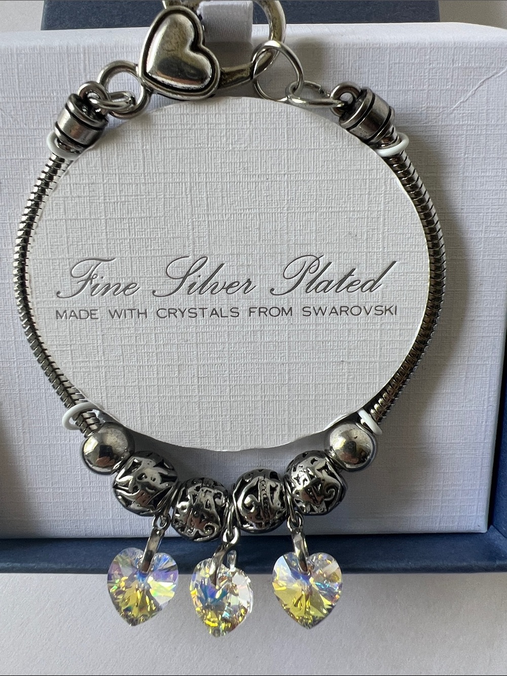 Fine Silver Plated Women’s Bracelet with Iridescent Heart Crystals new